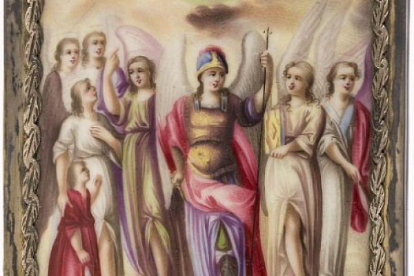 Ил. 1. Мастер круга Я. И. Шапошникова (?). Иконка «Собор Архангела Михаила». Первая треть XIX века. Медь, эмаль, белый металл; живопись по эмали. 8,5 х 5,6. Инв. Ф-848