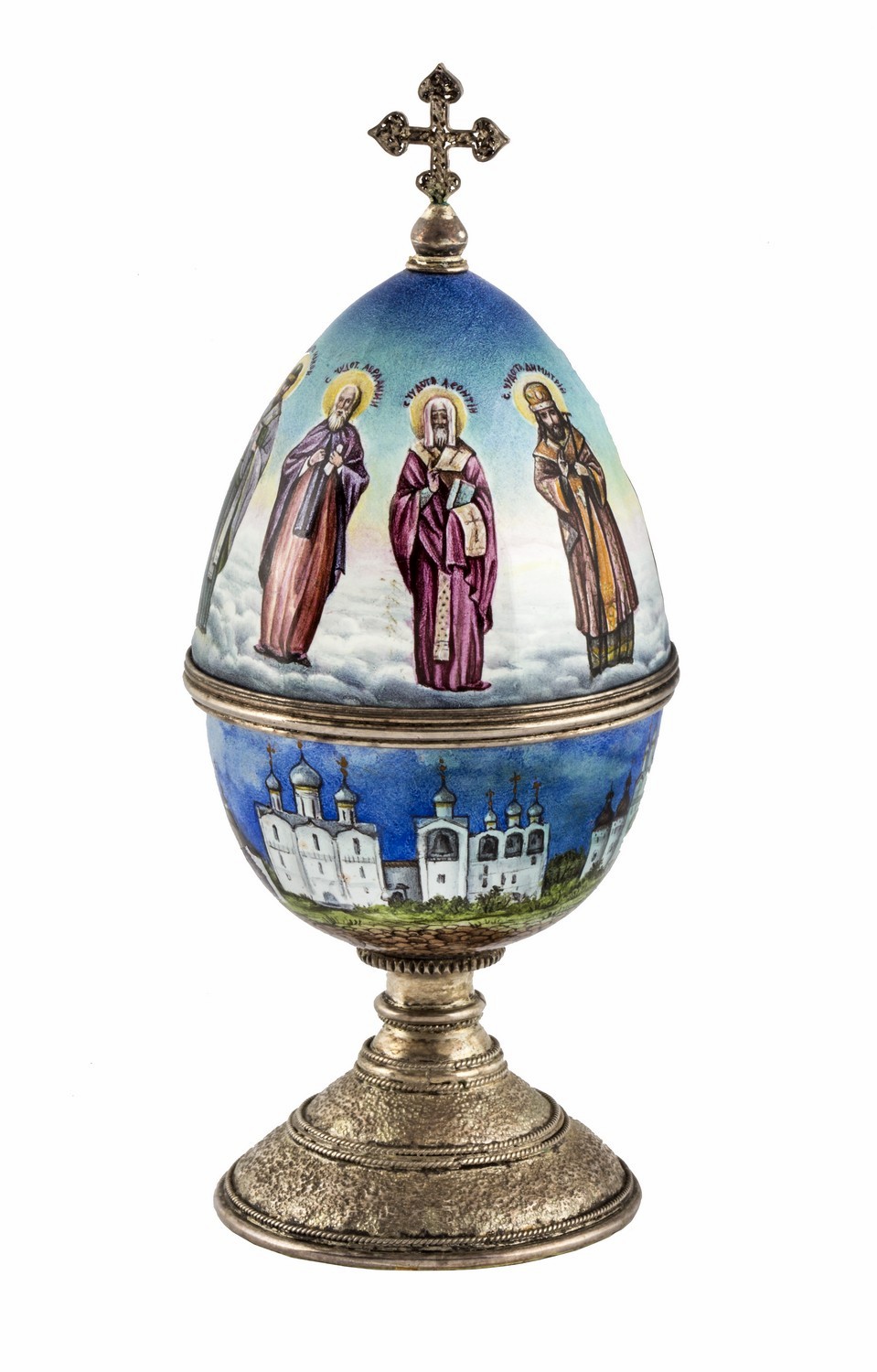 700. Л. Д. Самонова, ювелир Н. Н. Мишин. Пасхальное яйцо «Ростовские чудотворцы»